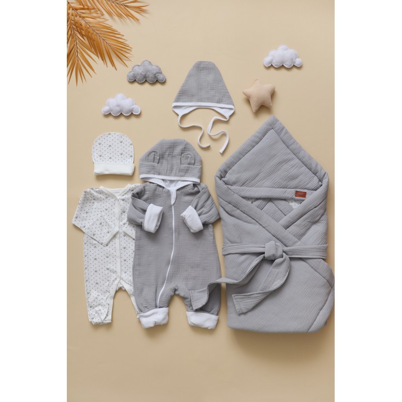 Муслиновый комплект на выписку и прогулки 6 предметов цвет: серый 0317