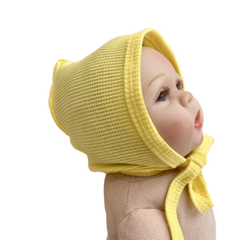 Чепчик на завязках из вафельного трикотажа 38-40 см цвет: лимонный Т-164/ВЗ Чепчик на завязках из вафельного трикотажа 38-40 см цвет: лимонный Т-164/ВЗ
