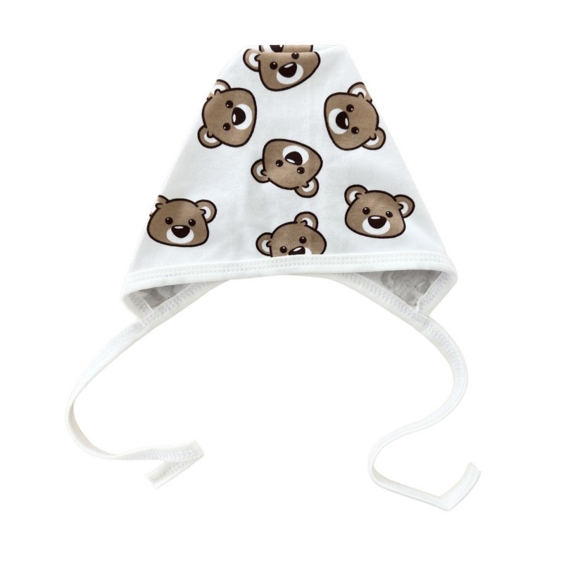 Чепчик с завязками и швами наружу 0-3 месяца принт: мишки Teddy шоколадные Т-130