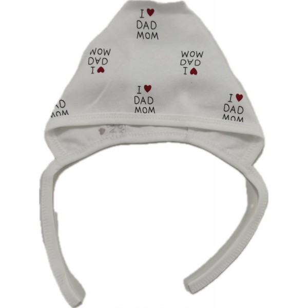 Чепчик с завязками и швами наружу 0-3 месяца принт: I love Mom&Dad Т-130