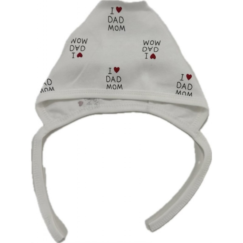 Чепчик с завязками и швами наружу 0-3 месяца принт: I love Mom&Dad Т-130
