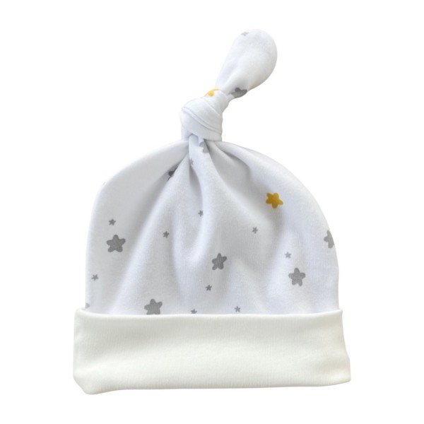 Чепчик с узелком и швами наружу 38-42 см принт: серо-желтые звездочки Т-136