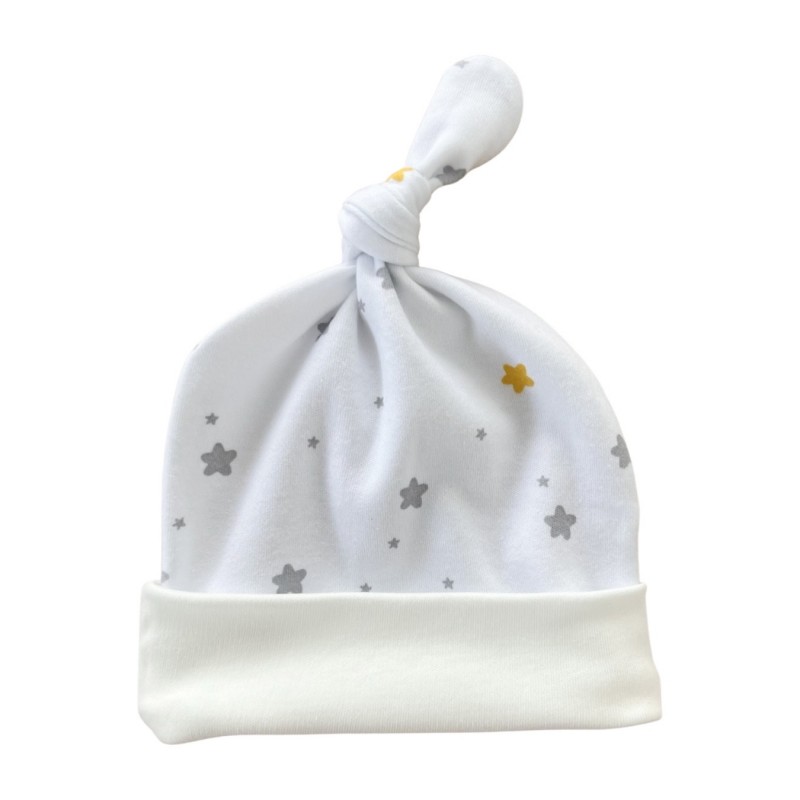 Чепчик с узелком и швами наружу 38-42 см принт: серо-желтые звездочки Т-136