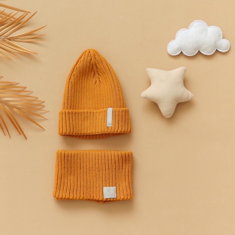 Комплект шапочка + снуд вязаные 40-46 см цвет: горчица В071 Комплект шапочка + снуд вязаные 40-46 см цвет: горчица В071