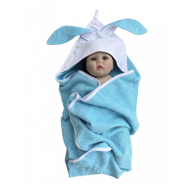 Детская банная пеленка с капюшоном -уголком "Ушастик зайка " махра 80*85 см цвет: мята 044/У