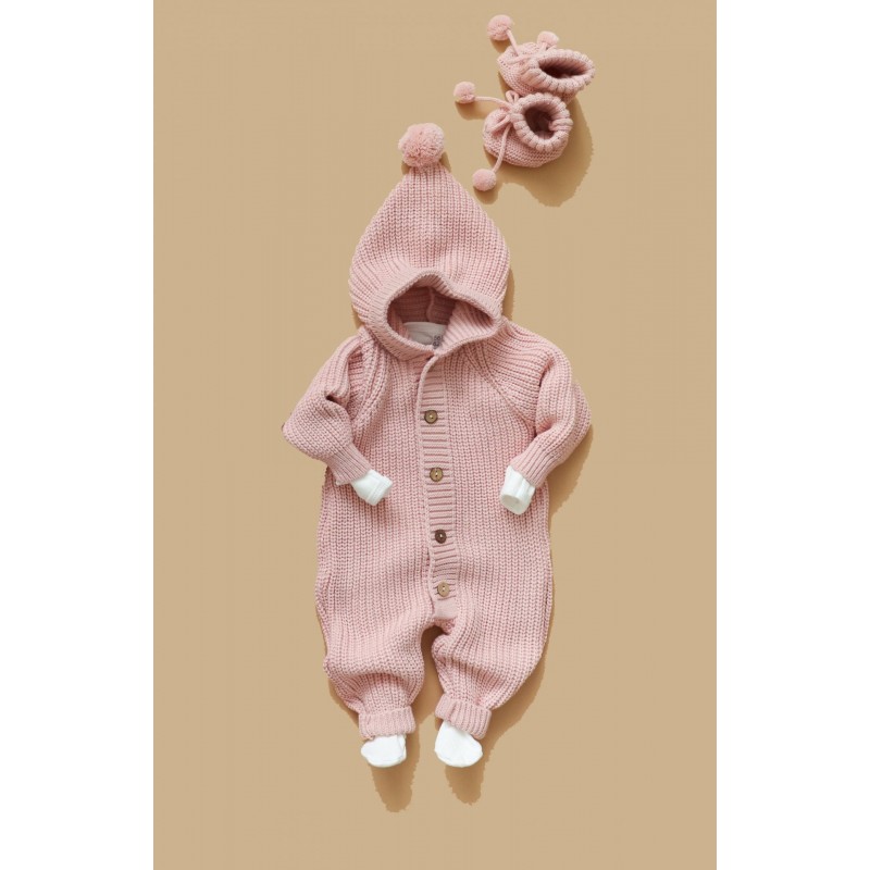 Вязаный детский комбинезон с капюшоном 56-68 см цвет: пудровый В064