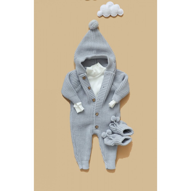 Вязаный детский комбинезон с капюшоном 56-68 см цвет: серый В064 Вязаный детский комбинезон с капюшоном 56-68 см цвет: серый В064
