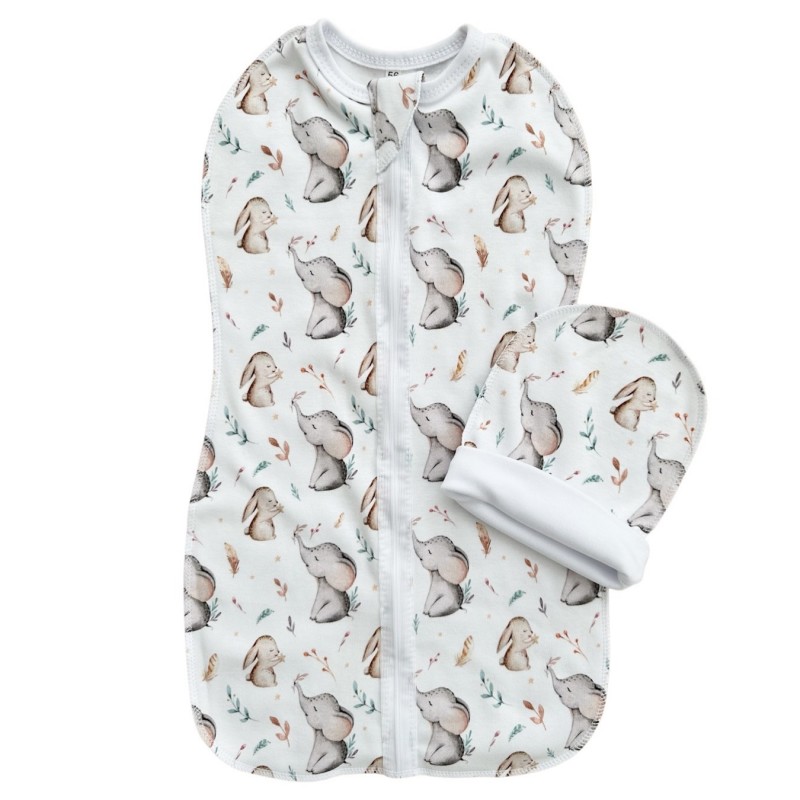 Пеленка-кокон на молнии с шапочкой 68-74 см принт: слоники и зайки Т-007