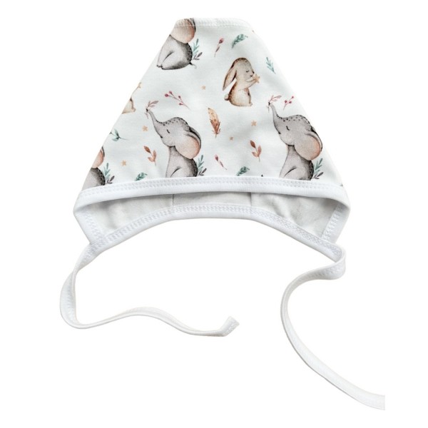 Чепчик с завязками и швами наружу 0-3 месяца принт: слоники и зайчики Т-130