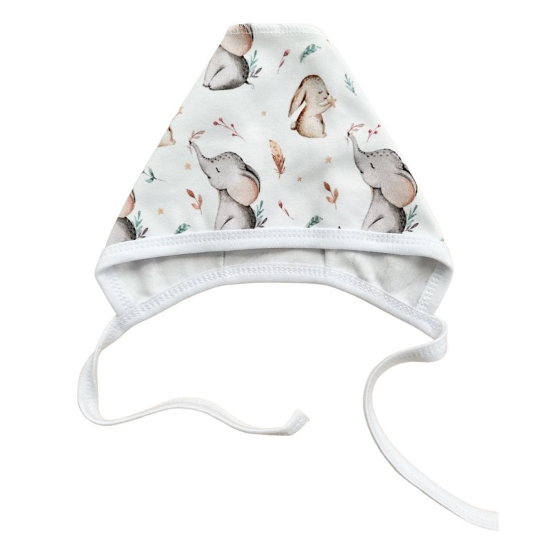 Чепчик с завязками и швами наружу 0-3 месяца принт: слоники и зайчики Т-130