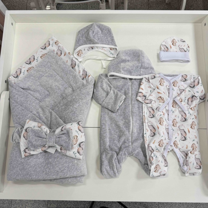Комплект для малыша "Солнышко" ( premium) цвет: серый / зайка и слоненок 0291