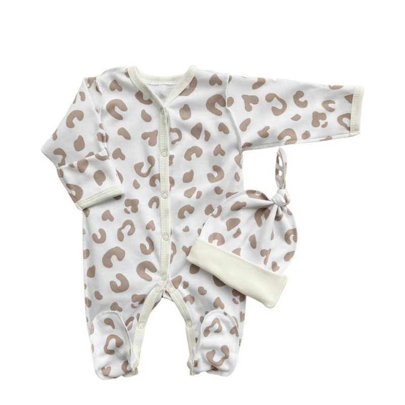 Комплект: Слип на кнопках + шапочка-узелок со швами наружу 50 см Newborn " Пятнышки капучино" Т-097 Комплект: Слип на кнопках + шапочка-узелок со швами наружу 50 см Newborn " Пятнышки капучино" Т-097