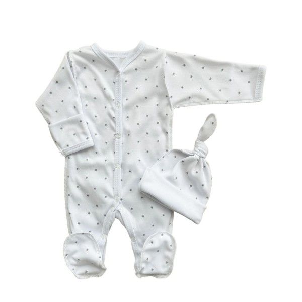 Комплект: Слип на кнопках + шапочка-узелок со швами наружу 50 см Newborn "Серые маленькие звездочки" Т-097