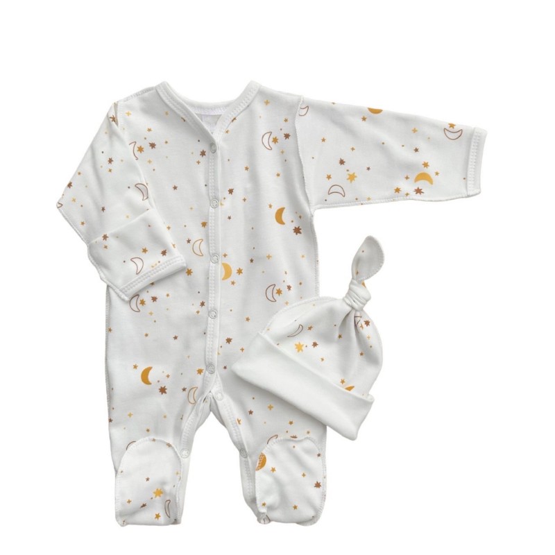 Комплект: Слип на кнопках + шапочка-узелок со швами наружу 56-62 см " Месяц и звездочки" Т-097 Комплект: Слип на кнопках + шапочка-узелок со швами наружу 56-62 см " Месяц и звездочки" Т-097