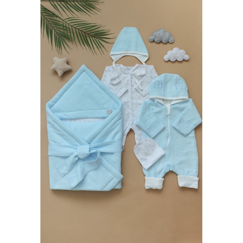 Муслиновый комплект на выписку и прогулки 6 предметов цвет: голубой 0317