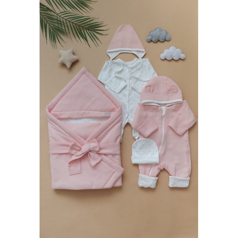 Муслиновый комплект на выписку и прогулки 6 предметов цвет: розовый 0317