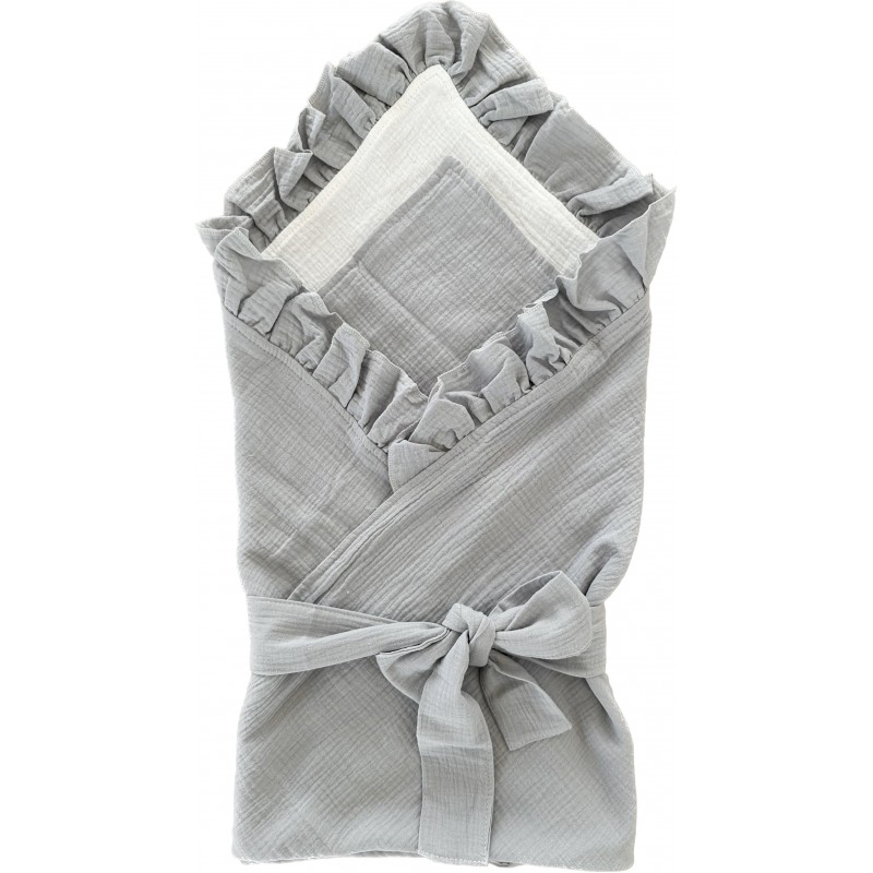 Муслиновый двусторонний плед-конверт с рюшей 100*100 см цвет: серый / белый П-066