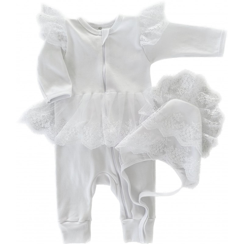 Комбинезон нарядный с кружевами + чепчик 74-80 см цвет: белый Т-047 Комбинезон нарядный с кружевами + чепчик 74-80 см цвет: белый Т-047