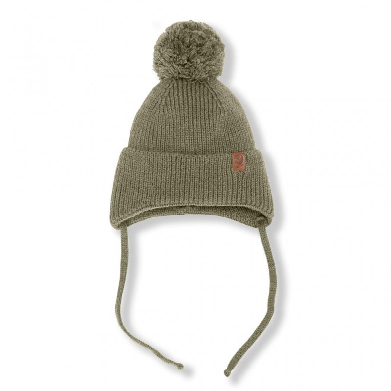 Вязаная шапочка на завязках с помпоном М 42-44/46 см цвет: светлый хаки 7095-119