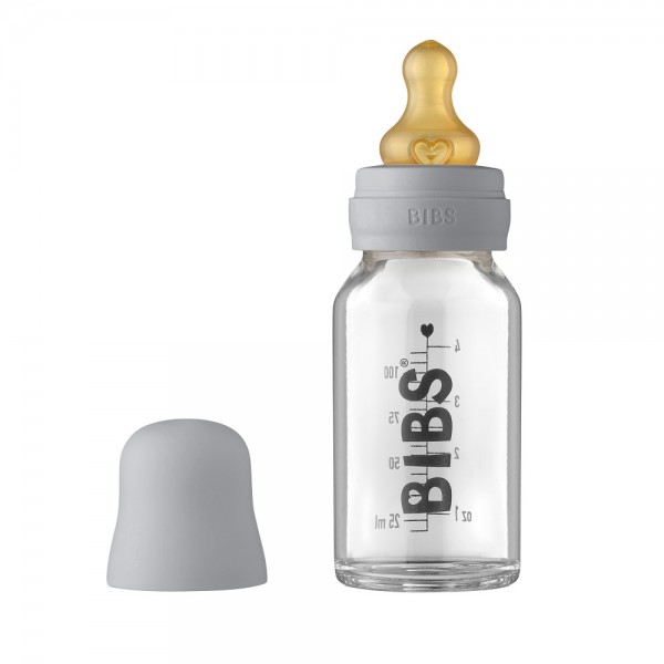 Антиколиковая бутылочка для кормления стеклянная 110 мл Bibs Baby Bottle Complete Set цвет: cloud / серый 5013223