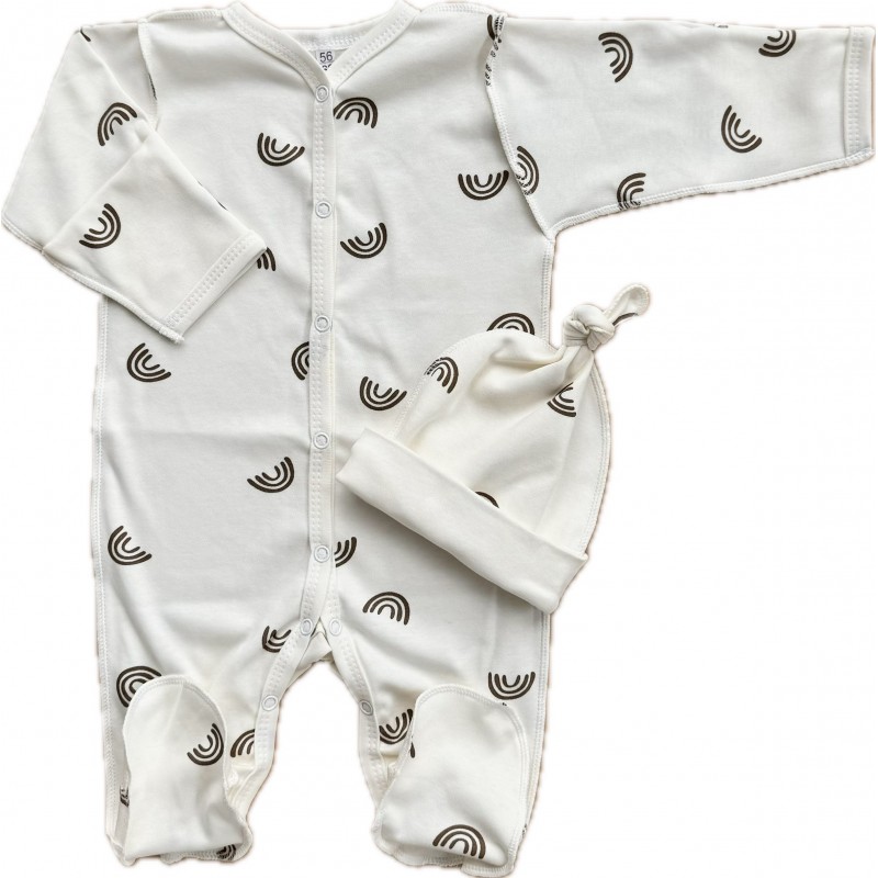 Комплект: Слип на кнопках + шапочка-узелок со швами наружу 50 см Newborn " Радуги монохром" Т-097