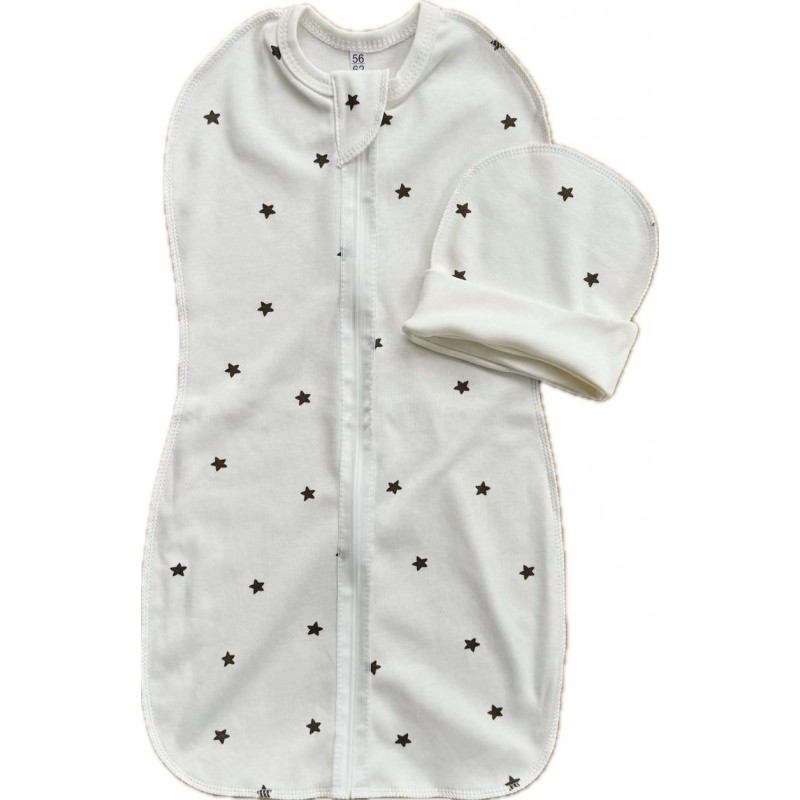 Пеленка-кокон на молнии с шапочкой 56-62 см принт: звездочки монохром Т-007 Пеленка-кокон на молнии с шапочкой 56-62 см принт: звездочки монохром Т-007