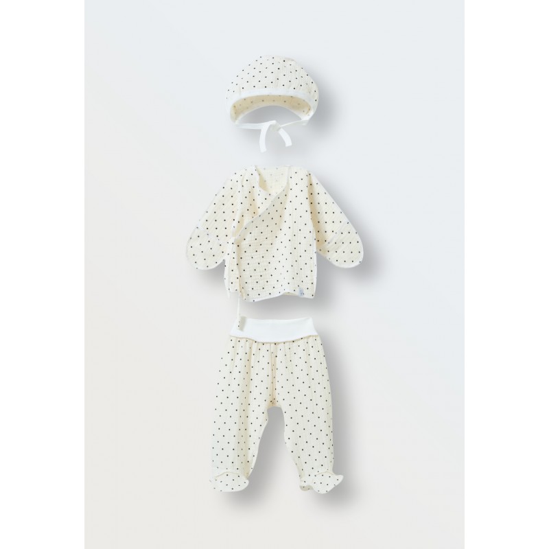 Комплект одежды из муслина 3 предмета 62 см цвет: горошек на кремовом 9050-169 Комплект одежды из муслина 3 предмета 62 см цвет: горошек на кремовом 9050-169
