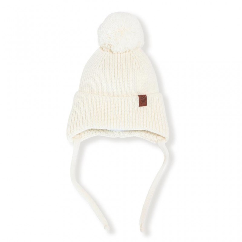 Вязаная шапочка на завязках с помпоном 46-50 см цвет: экрю 7095-02