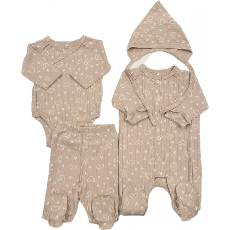 Комплект для малыша 4 предмета 56-62 см цвет: пудровые сердечки  Т-231