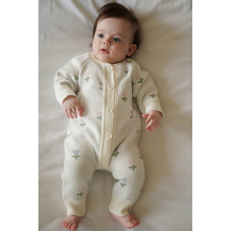 Вязаный хлопковый комбинезон 62-68 см цвет: цветочки 7055-111