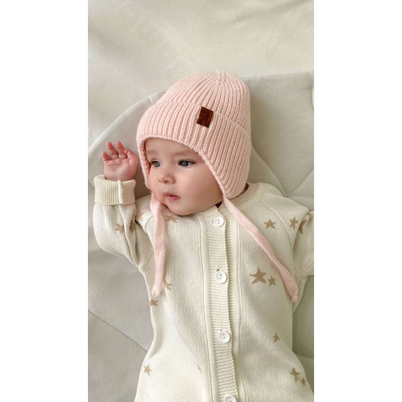 Шапочка вязаная на завязках 46-50 см цвет: нежно-розовый 8095-125