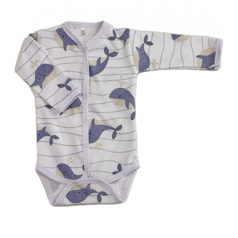 Боди с длинным рукавом на кнопках 68-74 см принт: голубые киты Т-131