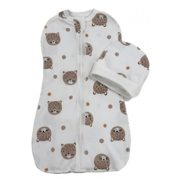Пеленка-кокон на молнии с шапочкой 50-56 см принт: леопарды Т-007
