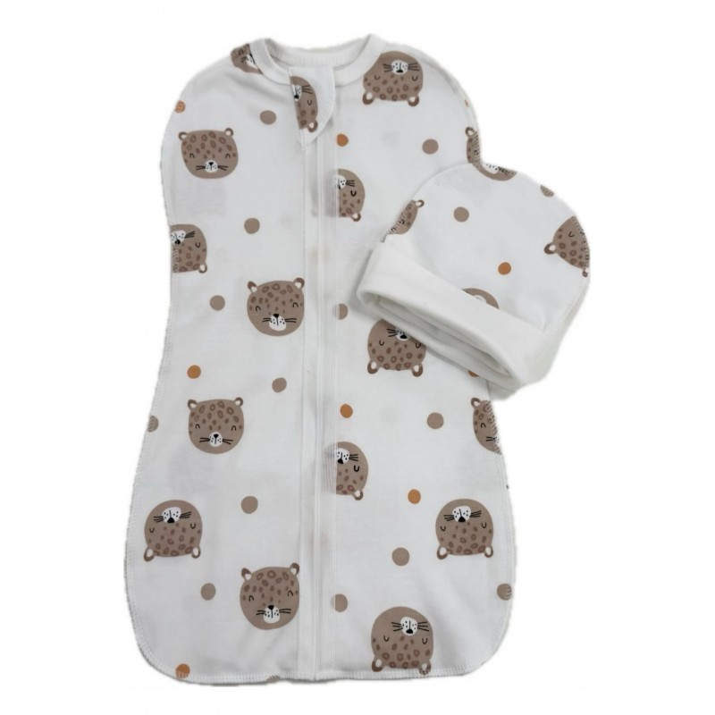 Пеленка-кокон на молнии с шапочкой 50-56 см принт: леопарды Т-007