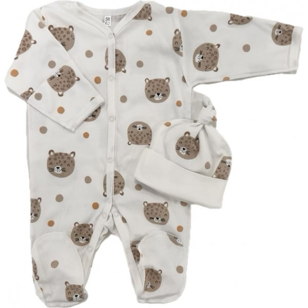 Комплект: Слип на кнопках + шапочка-узелок со швами наружу 56-62 см "Леопарды " Т-097