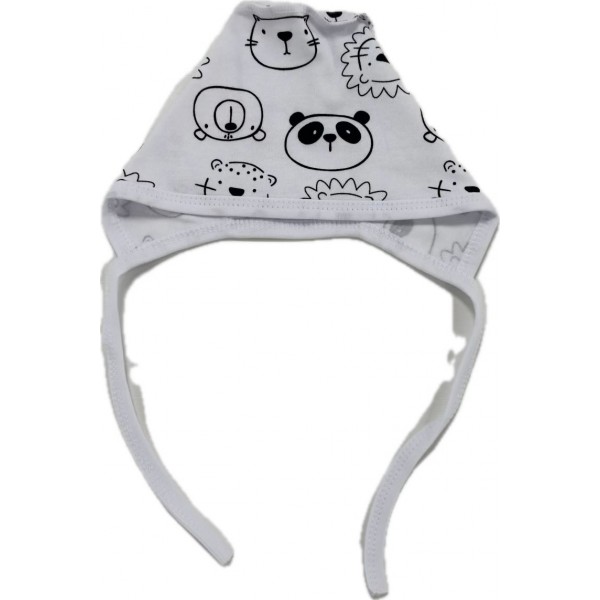 Чепчик с завязками и швами наружу 0-3 месяца принт: пандочки и львята Т-130