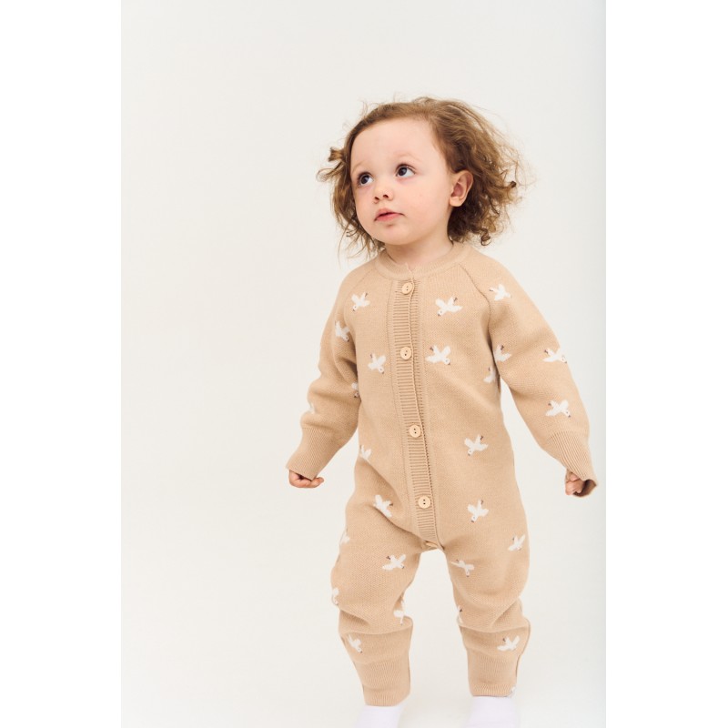 Вязаный хлопковый комбинезон 68-74 см Птички цвет: экрю+бронза 7055-319 Вязаный хлопковый комбинезон 68-74 см Птички цвет: экрю+бронза 7055-319