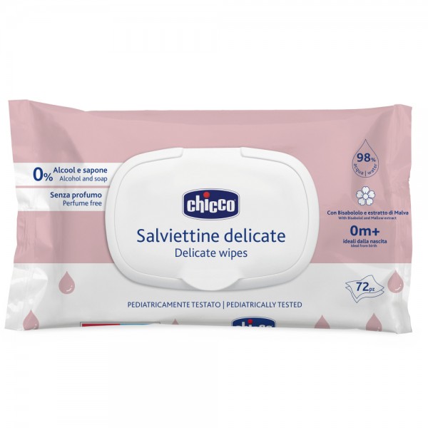 Салфетки влажные очищающие без отдушки 0+ 72 шт. с клапаном Chicco