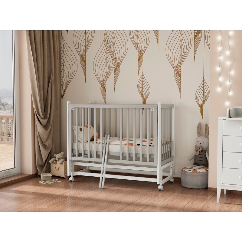 Кроватка детская Lunna Lika с маятником и колесами + быстросъемная стенка цвет:  серый /стойки белые